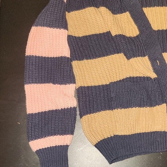 Navy and Tan Striped Cardigan Sweater - Picture 3 of 7